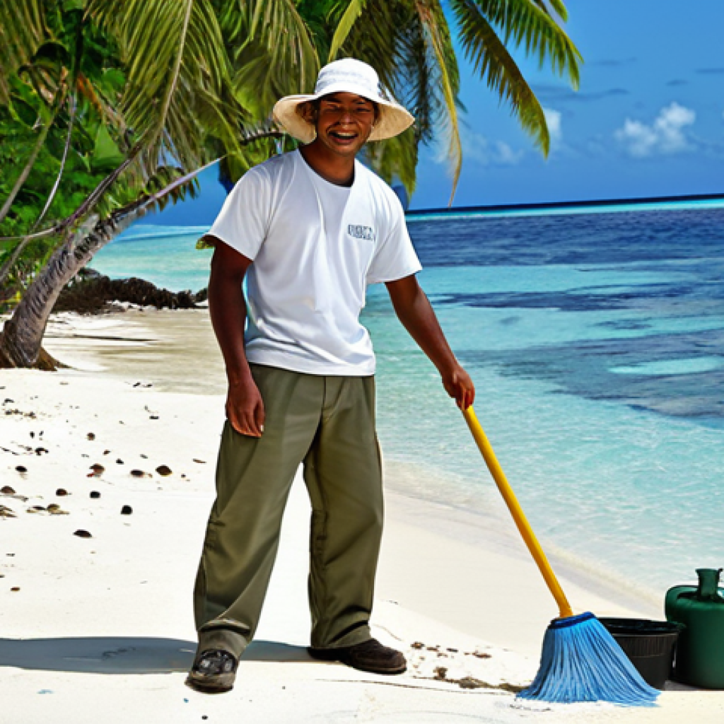 Environmental Volunteer**
A fully clothed volunteer in appropriate work attire (khaki pants, t-shirt, hat) cleaning a beach on a sunny day in the Marshall Islands. Clear blue water and palm trees in the background. Safe for work, appropriate content, professional, perfect anatomy, correct proportions, well-formed hands, proper finger count, natural pose, high quality.
**