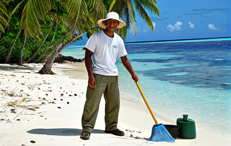 Environmental Volunteer**

A fully clothed volunteer in appropriate work attire (khaki pants, t-shirt, hat) cleaning a beach on a sunny day in the Marshall Islands. Clear blue water and palm trees in the background. Safe for work, appropriate content, professional, perfect anatomy, correct proportions, well-formed hands, proper finger count, natural pose, high quality.

**