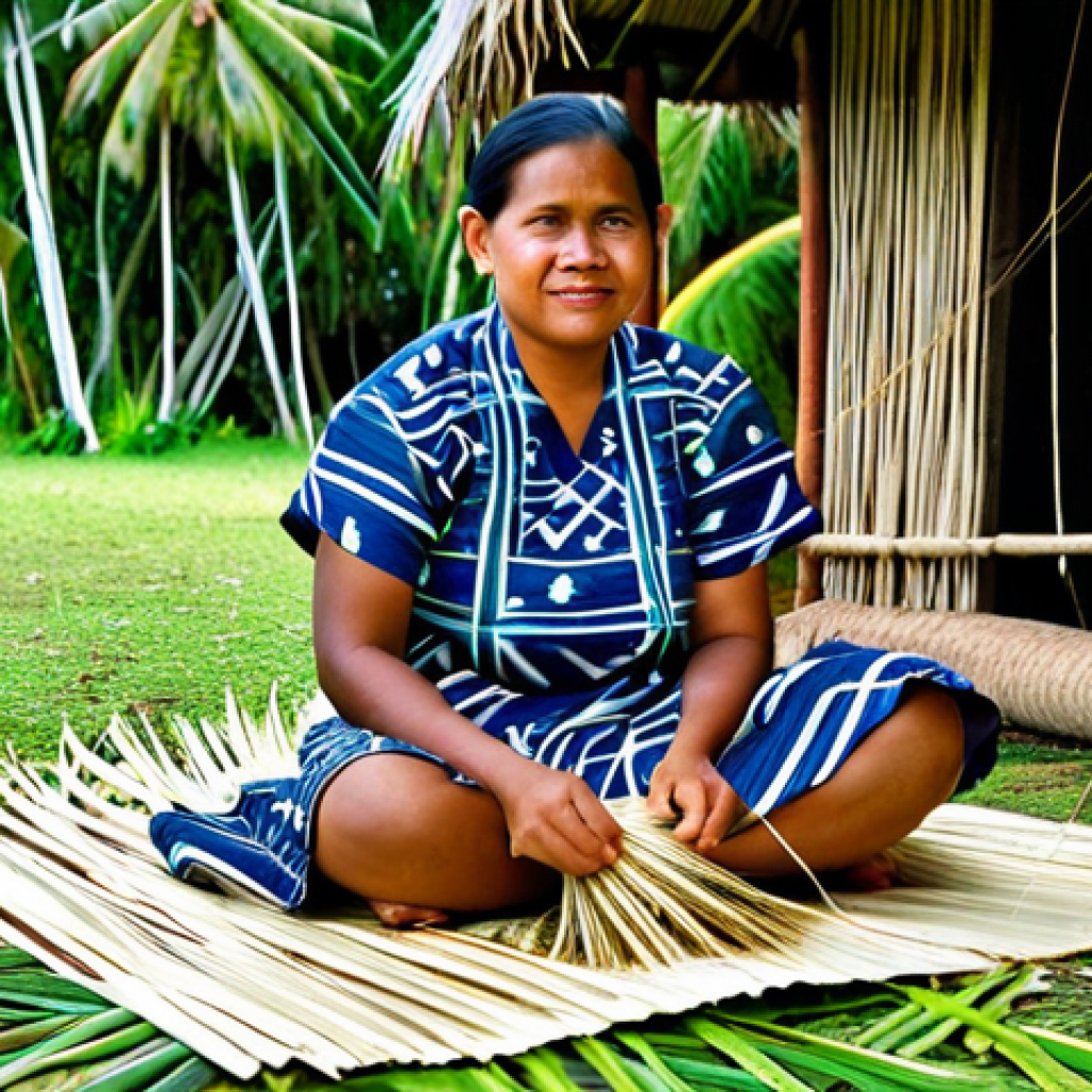 마셜 제도에서 볼 수 있는 전통 공연 - **Traditional Marshallese Weaving:** "A Marshallese woman, fully clothed in a modest island dress, s...