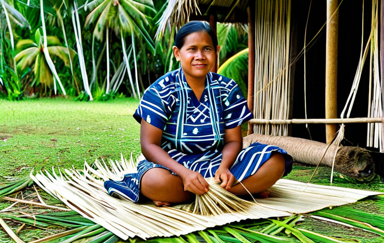 마셜 제도에서 볼 수 있는 전통 공연 - **Traditional Marshallese Weaving:** "A Marshallese woman, fully clothed in a modest island dress, s...