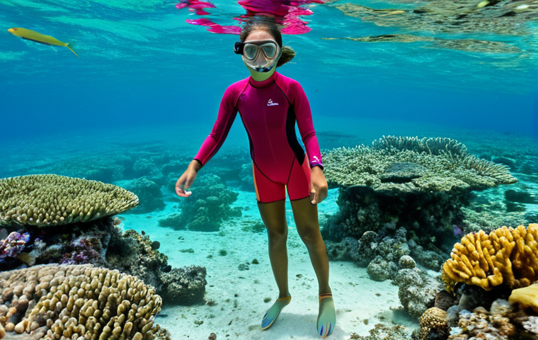마셜 제도에서의 스노클링 포인트 - Majuro Lagoon - Beginner Snorkeler**
"A young woman snorkeling in the shallow, clear waters of Maju...