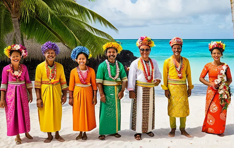 마셜 제도에서 결혼 풍습 - **A vibrant Marshallese wedding feast and celebration on a tropical island at sunset.** The newlywed...