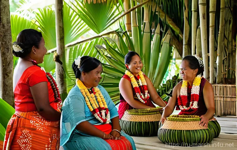 마셜 제도에서 결혼 풍습 - **A vibrant Marshallese wedding feast and celebration on a tropical island at sunset.** The newlywed...