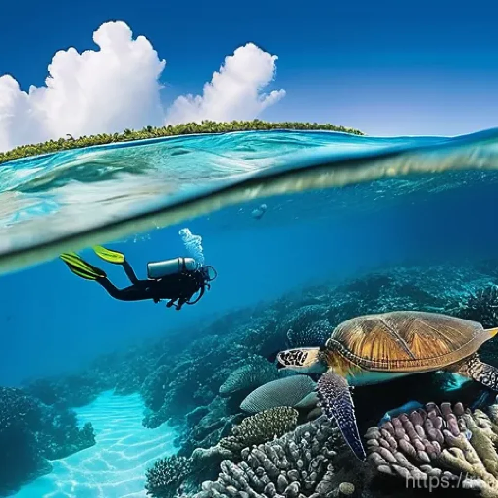 마셜 제도에서의 선박 여행 루트 - **Prompt 1: Vibrant Underwater Oasis with a Diver**
"A serene and crystal-clear turquoise lagoon...