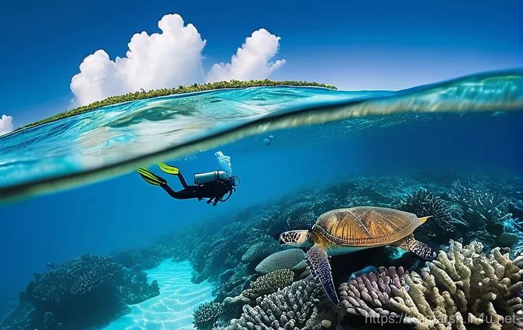 마셜 제도에서의 선박 여행 루트 - **Prompt 1: Vibrant Underwater Oasis with a Diver**
"A serene and crystal-clear turquoise lagoon...