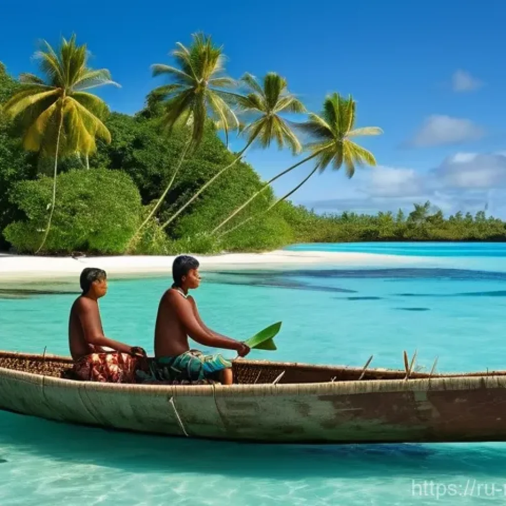 마셜 제도 어업 및 해산물 산업 - A serene scene depicting indigenous Marshallese fishermen engaged in traditional fishing practices o...