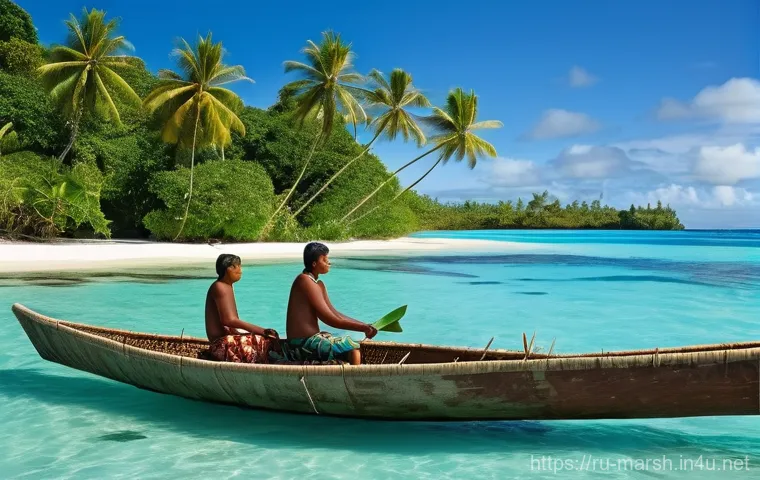 마셜 제도 어업 및 해산물 산업 - A serene scene depicting indigenous Marshallese fishermen engaged in traditional fishing practices o...