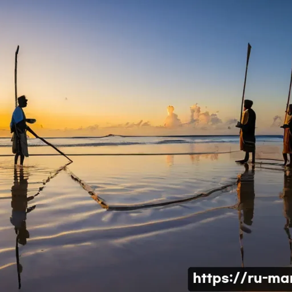 마셜 제도 전통 문화 - **Prompt:** "A group of wise and proud Marshallese navigators, both men and women, stand on a pristi...