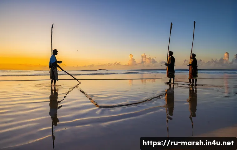 마셜 제도 전통 문화 - **Prompt:** "A group of wise and proud Marshallese navigators, both men and women, stand on a pristi...