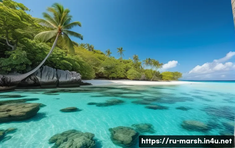 마셜 제도에서 가장 아름다운 해변 - A tranquil beach scene at Enumaku Lagoon featuring crystal-clear turquoise water with vibrant coral ...