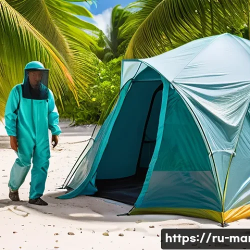 Home 33 마셜 제도에서 주의해야 할 질병 및 예방 접종 - A tropical island scene on the Marshall Islands featuring a traveler wearing lightweight, long-sleev...