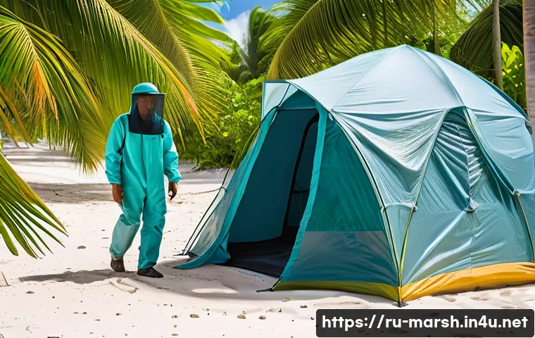 마셜 제도에서 주의해야 할 질병 및 예방 접종 - A tropical island scene on the Marshall Islands featuring a traveler wearing lightweight, long-sleev...