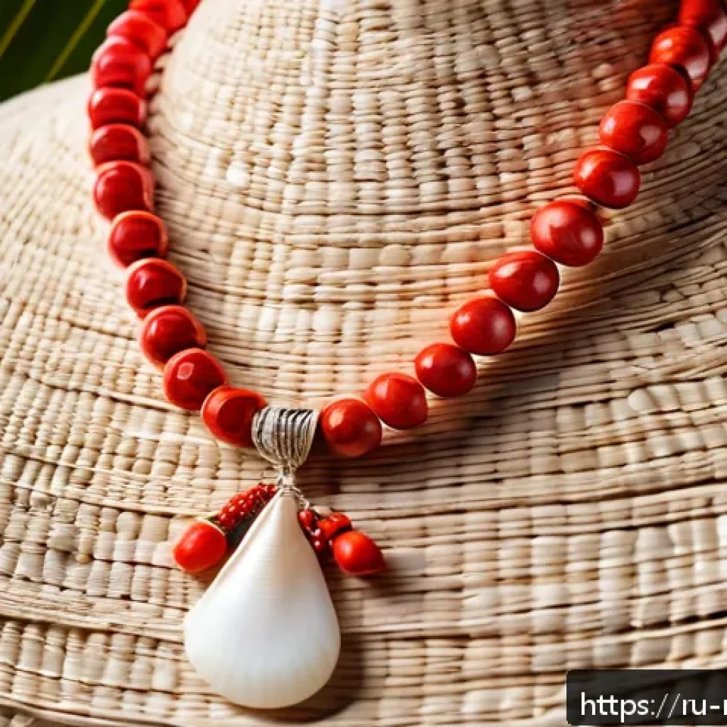 마셜 제도에서 추천하는 기념품 - A detailed close-up of traditional Marshall Islands shell and coral jewelry displayed on natural wov...