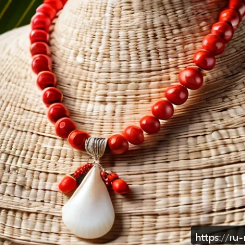 Home 32 마셜 제도에서 추천하는 기념품 - A detailed close-up of traditional Marshall Islands shell and coral jewelry displayed on natural wov...
