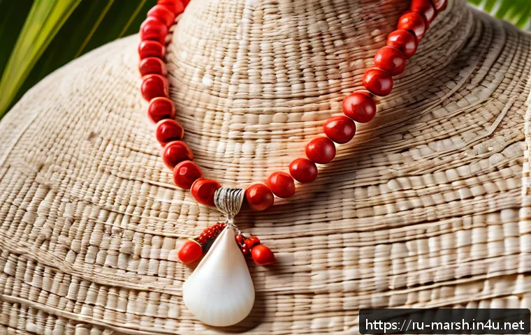 마셜 제도에서 추천하는 기념품 - A detailed close-up of traditional Marshall Islands shell and coral jewelry displayed on natural wov...