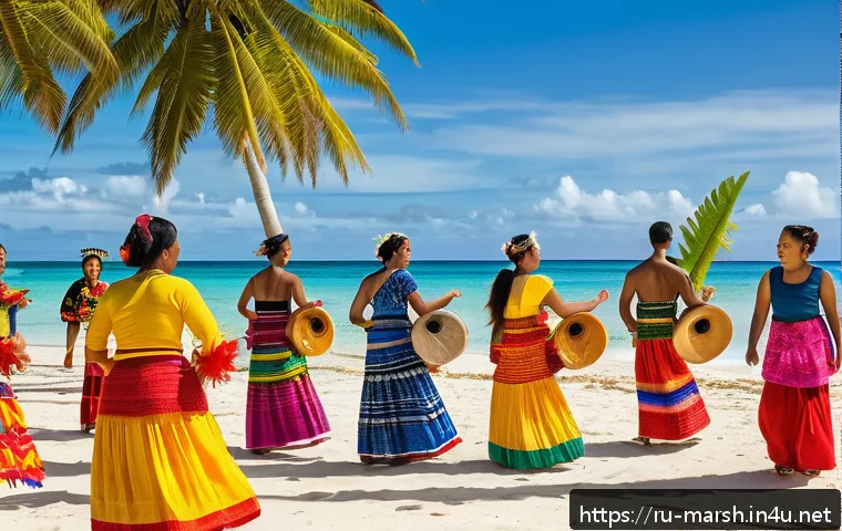 마셜 제도에서의 학생 교환 프로그램 - A vibrant scene of international students participating in a traditional Marshallese cultural festiv...