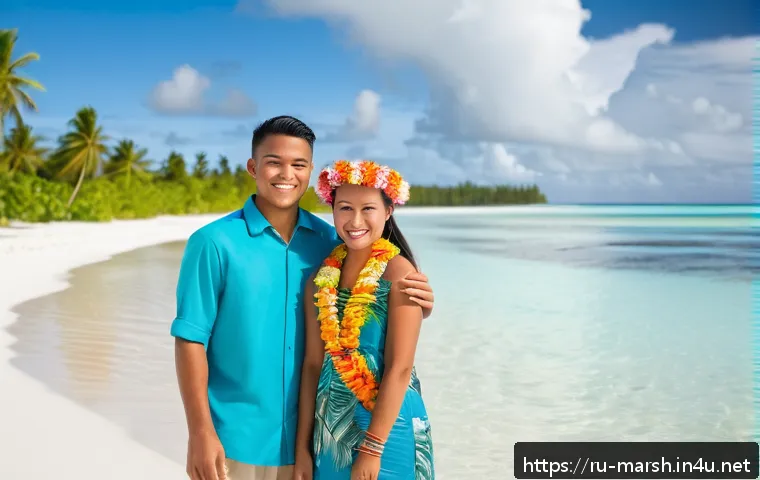 마셜 제도에서 촬영 가능한 웨딩 포토스팟 - A serene tropical beach scene on the Marshall Islands featuring pristine white sand gently merging w...