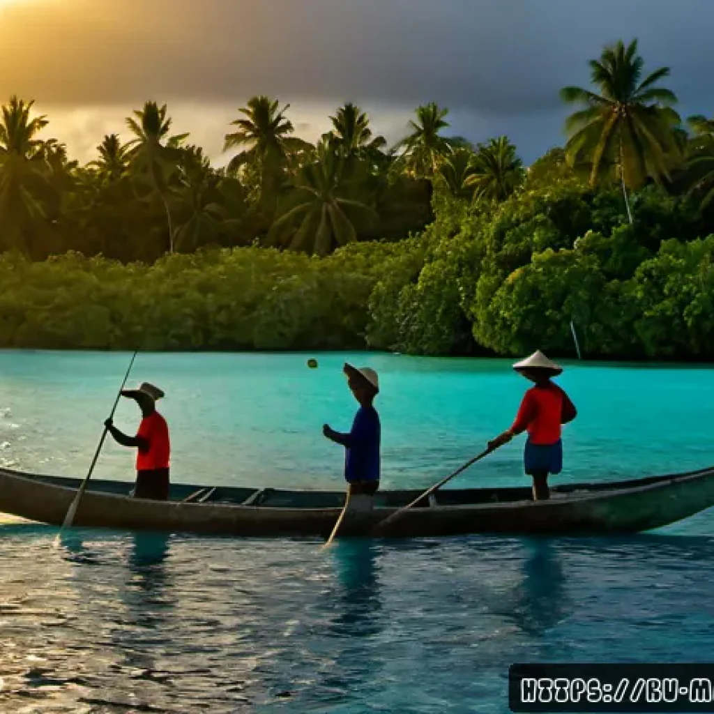 마셜 제도에서의 낚시 문화 - Photorealistic documentary scene of Marshall Islands fishing culture at sunrise, a Marshallese outri...