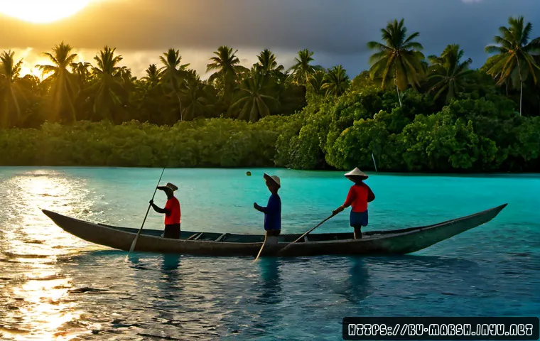 마셜 제도에서의 낚시 문화 - Photorealistic documentary scene of Marshall Islands fishing culture at sunrise, a Marshallese outri...