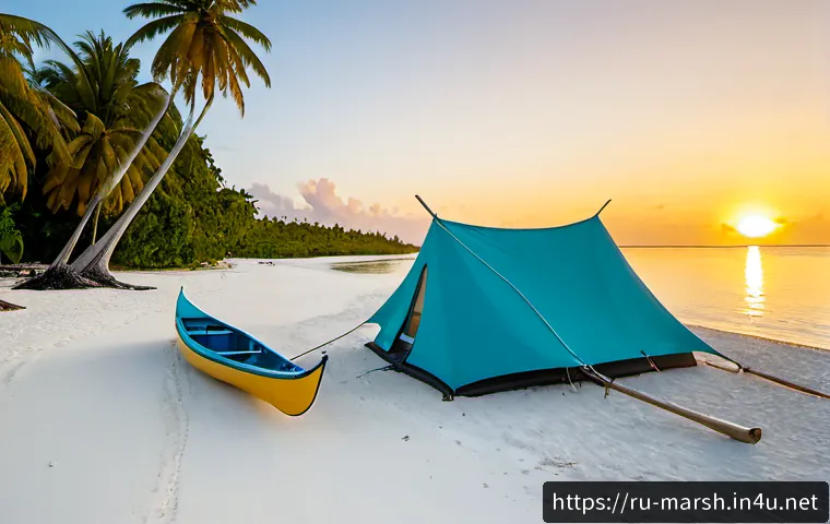 마셜 제도에서의 해변 캠핑 추천지 - Photorealistic sunrise beach camping scene on a secluded islet in Majuro Atoll, Marshall Islands, a ...
