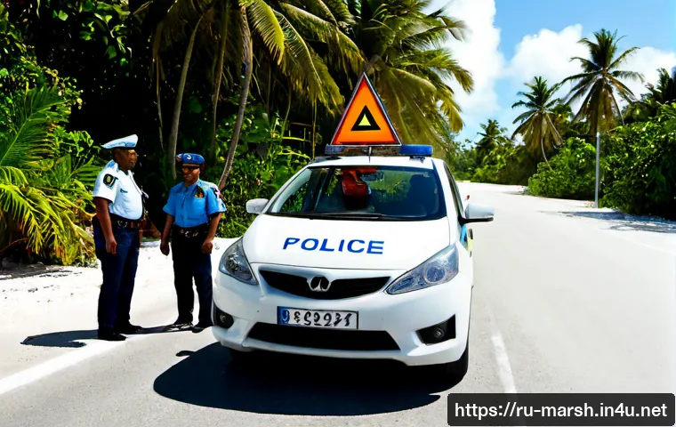 마셜 제도에서의 교통사고 및 안전 대책 - Photorealistic road safety scene in the Marshall Islands, a compact car stopped safely beside a sunl...
