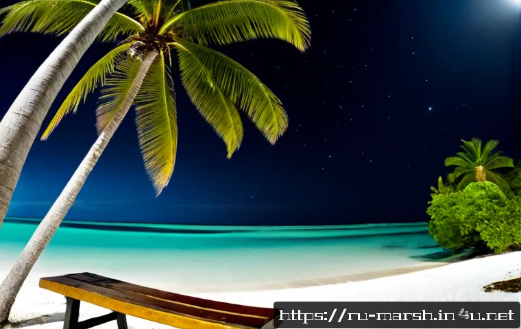 Home 17 마셜 제도에서 즐길 수 있는 야경 스팟 - Photorealistic nighttime panorama of Majuro Atoll lagoon, viewed from a quiet palm-lined shoreline, ...