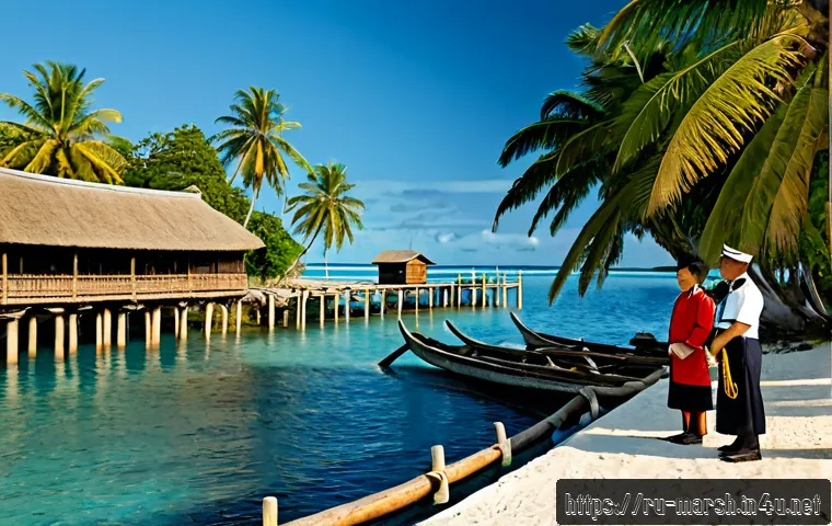 Home 17 마셜 제도와 일본과의 역사적 관계 - Photorealistic historical scene of a Japanese administrative harbor in the Marshall Islands during t...